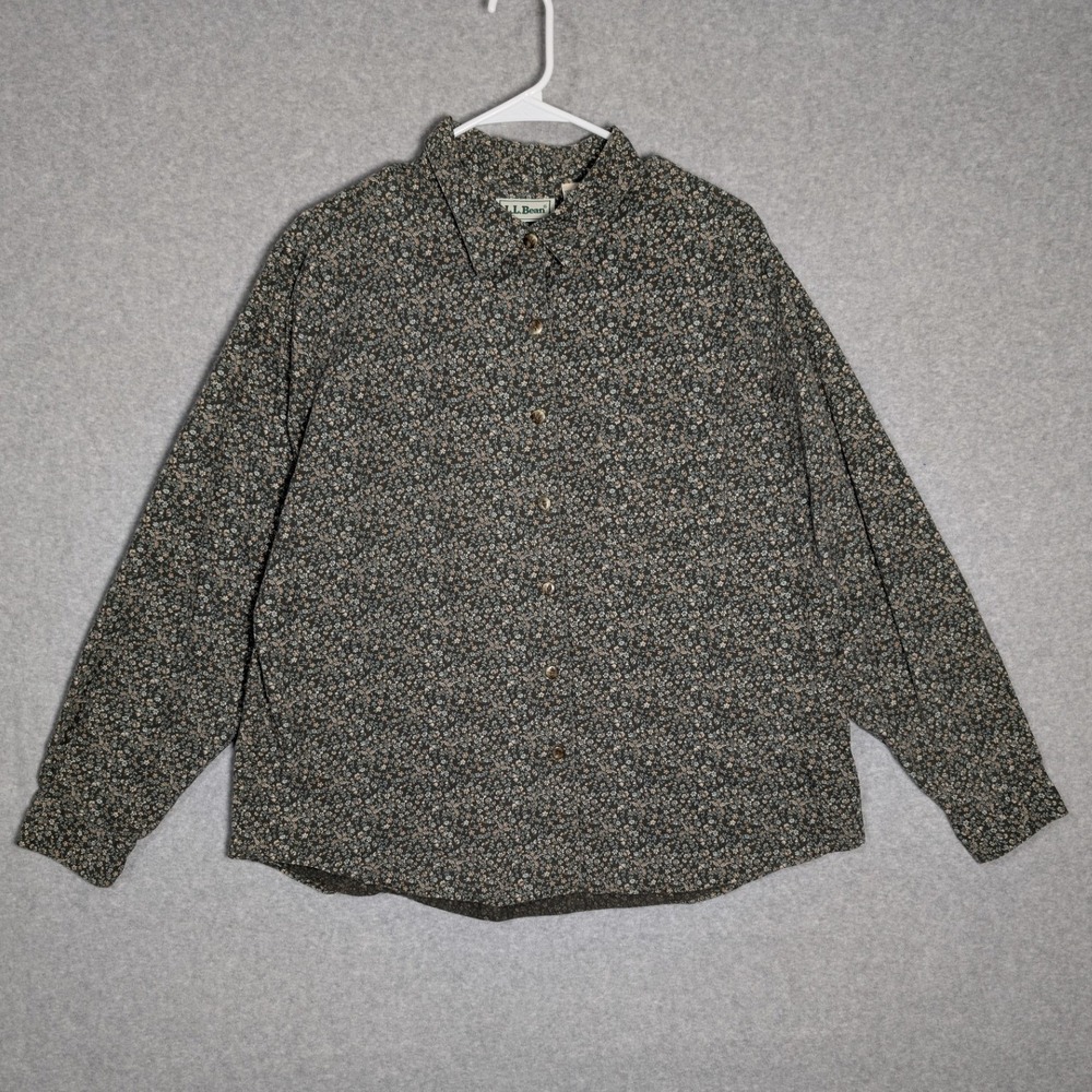 LL Bean Womens XL Button Down Shirt Vintage Dark Green Floral Grandma Preppy